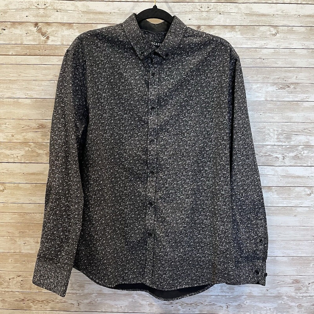 Tarocash Mens L Shirt Black Dress‎ & Casual Button Up & Down White Paisley AOP
